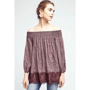 VTG Anthro Vanessa Virginia Tan & Black Lace Trim Off Shoulder Blouse Medium